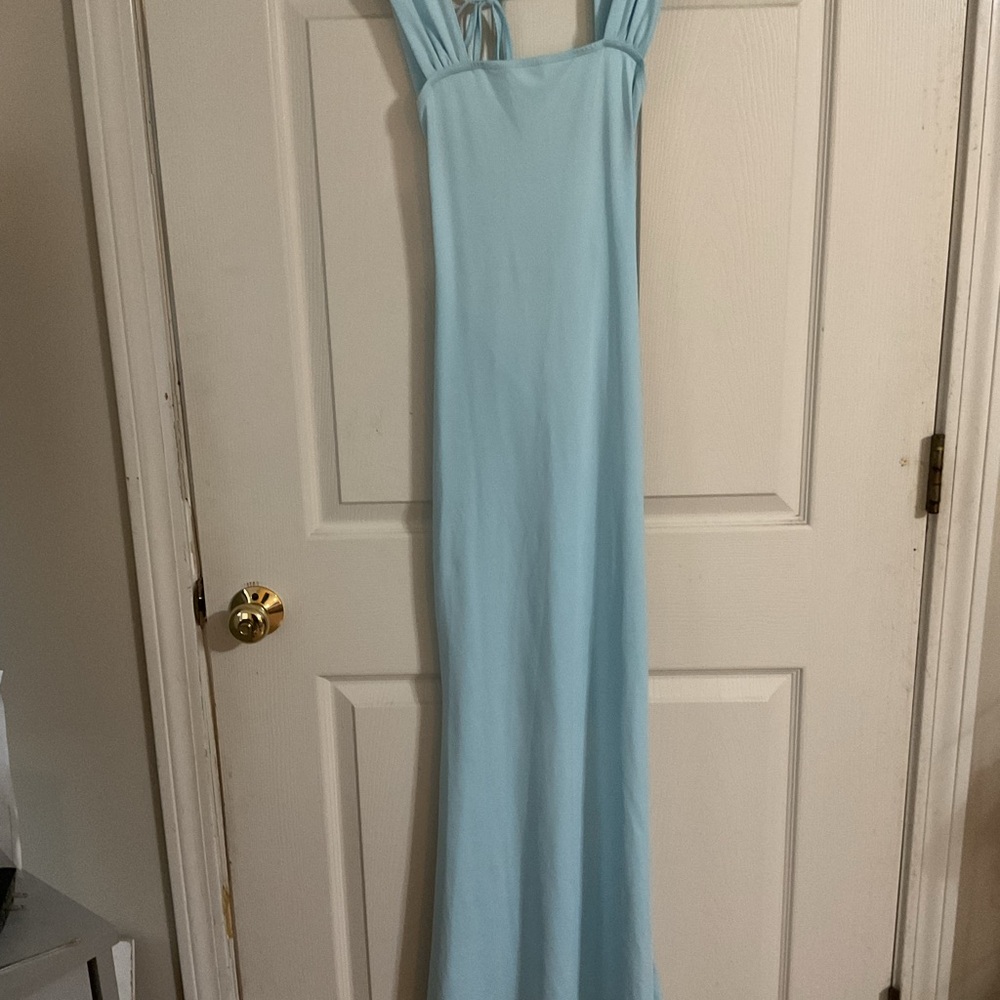 Light Blue Maxi Dress criss cross lace open back XS silky and soft